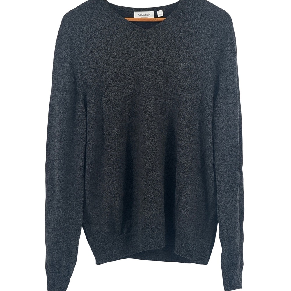 Calvin Klein Mens Italian Merino Wool V-Neck Sweater Charcoal Grey Large CK Logo